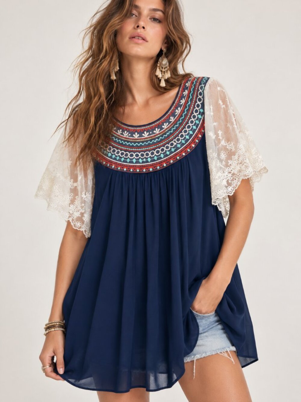 Umgee Embroidered Folk Southwestern Boho Tunic Top Lace Sleeve M